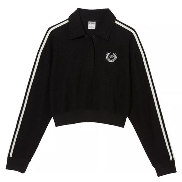 New🖤 PINK REVERSE FLEECE CROPPED POLO SWEATSHIRT - Picture 3 of 3